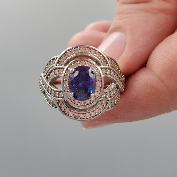 Blue and White CZ Sparkle Silvertone Ring - Picture 2 of 10